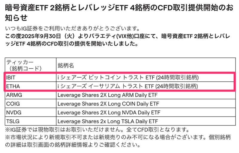 IG証券は「ビットコインETF」「イーサリアムETF」CFDに対応