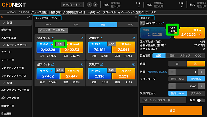 スプレッドの確認方法