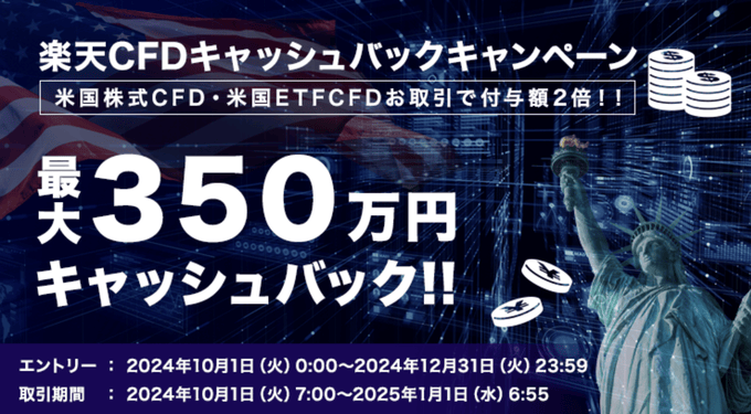 増額中！楽天証券で最大350万円キャッシュバックキャンペーン開催中！