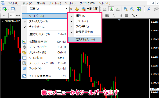 Mt4 ツールバー 新規注文や各フレームが消えてしまった時に再度表示させる方法